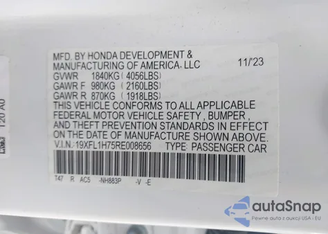 2024 Honda Civic Ex-L from USA, damaged, VIN 19XFL1H75RE008656